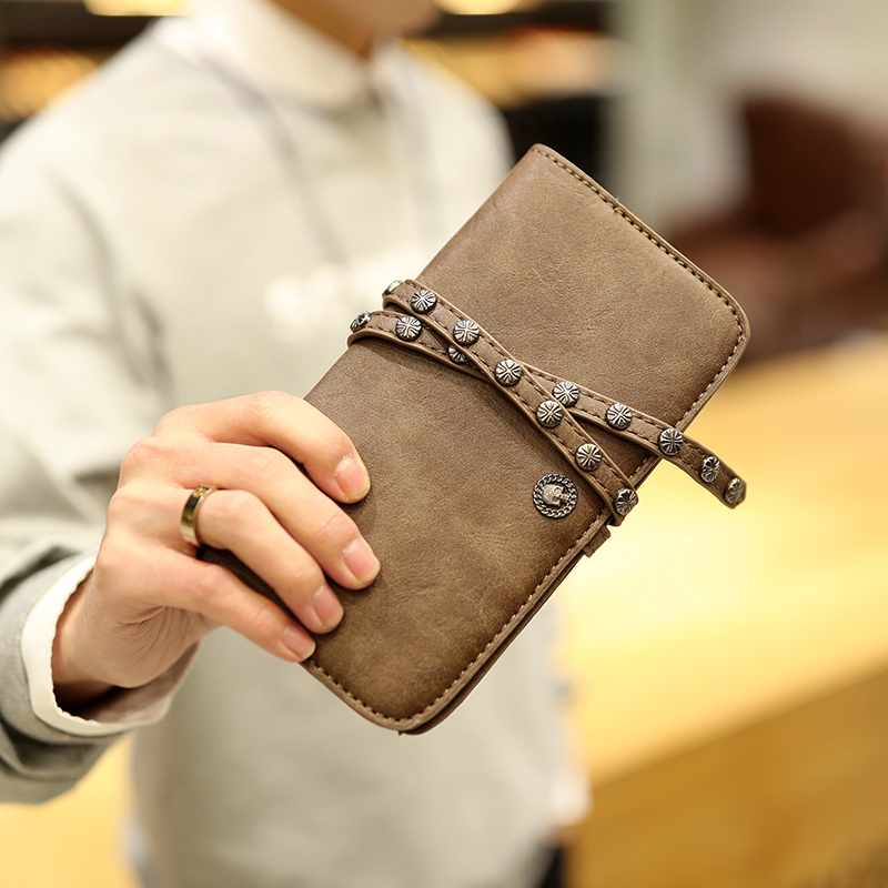 瘋馬PU皮復古長款錢包手機包潮流鉚釘中長款錢包抽繩男女手機包